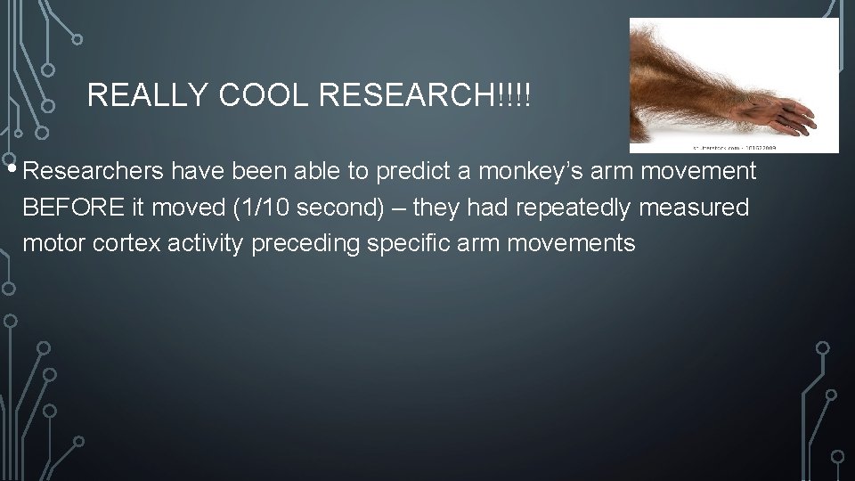 REALLY COOL RESEARCH!!!! • Researchers have been able to predict a monkey’s arm movement