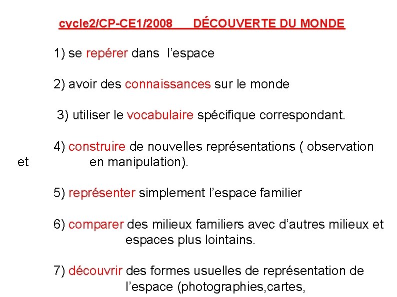 cycle 2/CP-CE 1/2008 DÉCOUVERTE DU MONDE 1) se repérer dans l’espace 2) avoir des