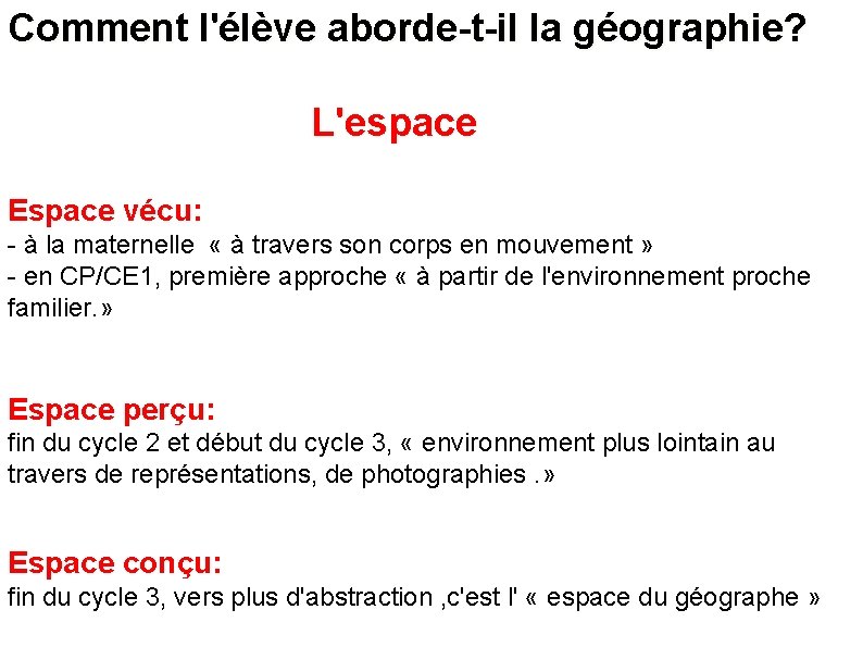 Comment l'élève aborde-t-il la géographie? L'espace Espace vécu: - à la maternelle « à