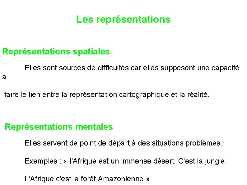 Les représentations Représentations spatiales Elles sont sources de difficultés car elles supposent une capacité