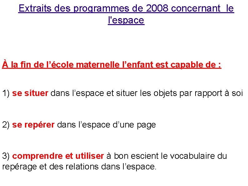 Extraits des programmes de 2008 concernant le l'espace À la fin de l’école maternelle