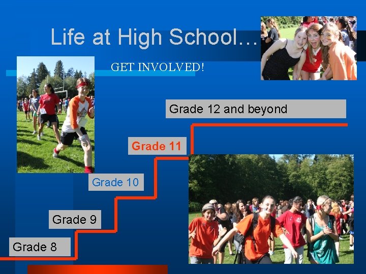 Life at High School… GET INVOLVED! Grade 12 and beyond Grade 11 Grade 10