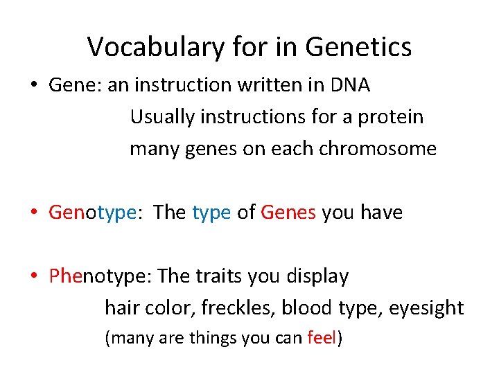 Vocabulary for in Genetics • Gene: an instruction written in DNA Usually instructions for