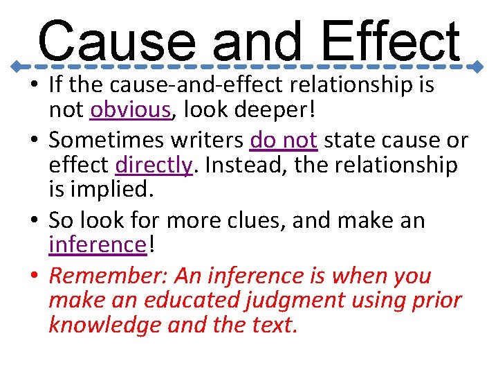 Cause and Effect • If the cause-and-effect relationship is not obvious, look deeper! •