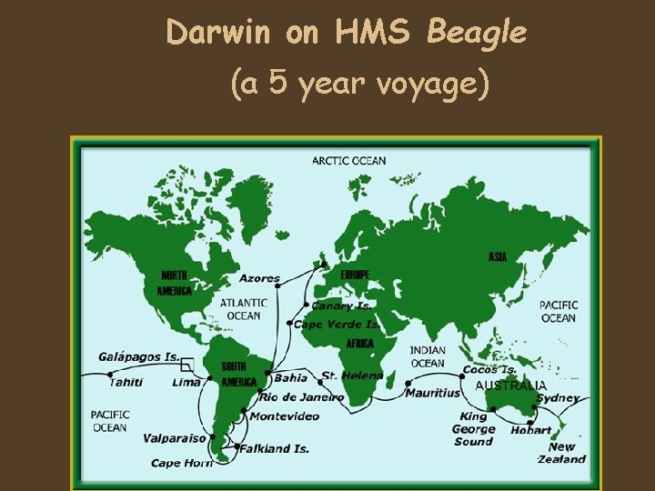 Darwin on HMS Beagle (a 5 year voyage) 