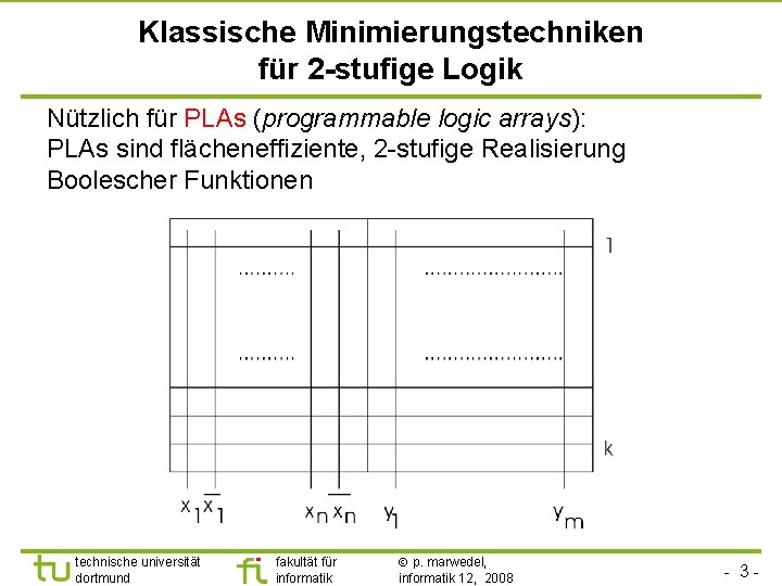 Klassische Minimierungstechniken für 2 -stufige Logik Nützlich für PLAs (programmable logic arrays): PLAs sind
