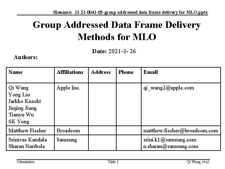filename: 11 -21 -0041 -05 -group addressed data frame delivery for MLO. pptx Group