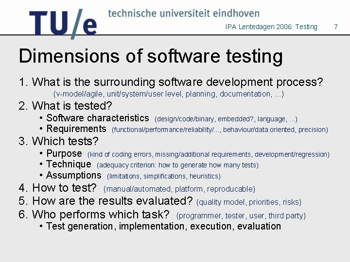 IPA Lentedagen 2006: Testing Dimensions of software testing 1. What is the surrounding software