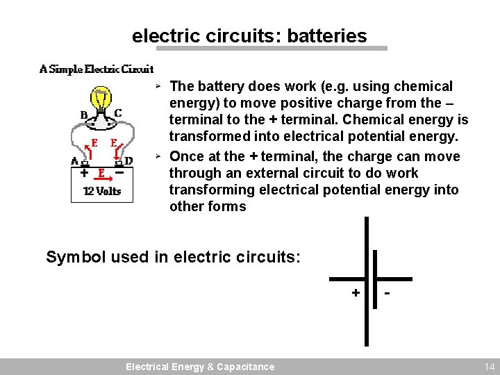 electric circuits: batteries Ø The battery does work (e. g. using chemical energy) to