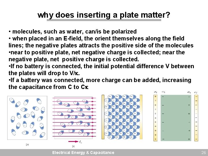 why does inserting a plate matter? • molecules, such as water, can/is be polarized