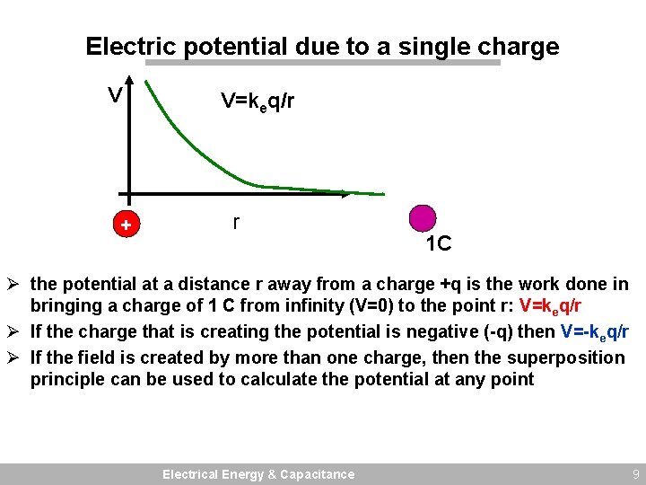 Electric potential due to a single charge V + V=keq/r r 1 C Ø