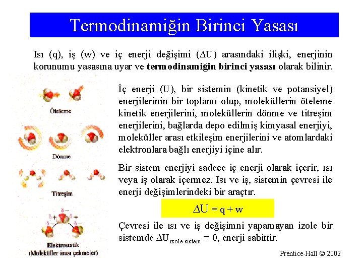 Termodinamiğin Birinci Yasası Isı (q), iş (w) ve iç enerji değişimi (∆U) arasındaki ilişki,