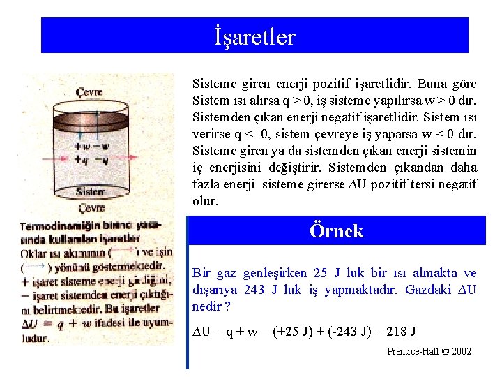 İşaretler Sisteme giren enerji pozitif işaretlidir. Buna göre Sistem ısı alırsa q > 0,