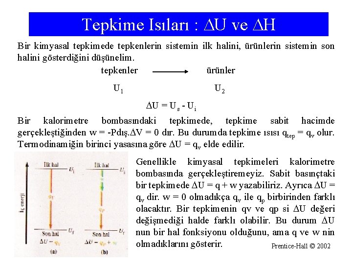 Tepkime Isıları : U ve H Bir kimyasal tepkimede tepkenlerin sistemin ilk halini, ürünlerin