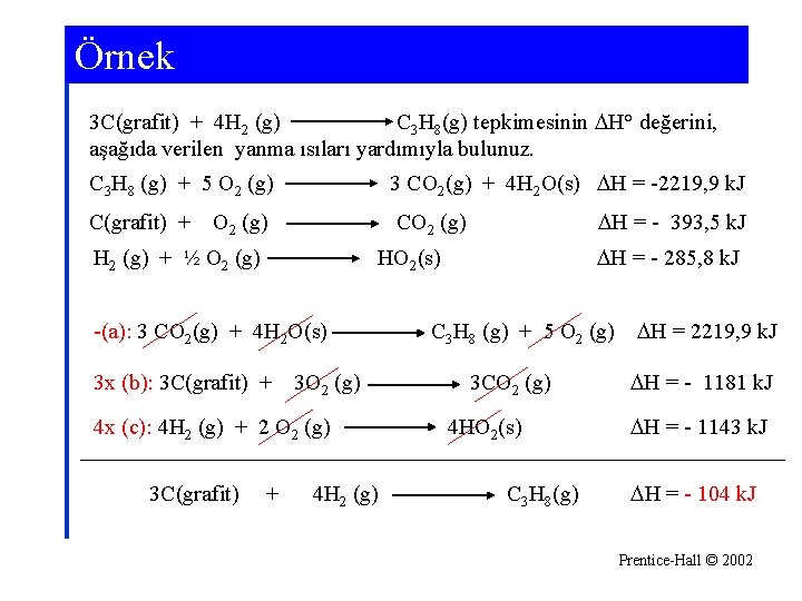 Örnek 3 C(grafit) + 4 H 2 (g) C 3 H 8(g) tepkimesinin H°