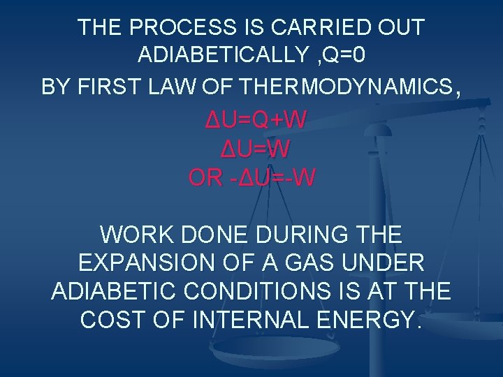 THE PROCESS IS CARRIED OUT ADIABETICALLY , Q=0 BY FIRST LAW OF THERMODYNAMICS, ΔU=Q+W