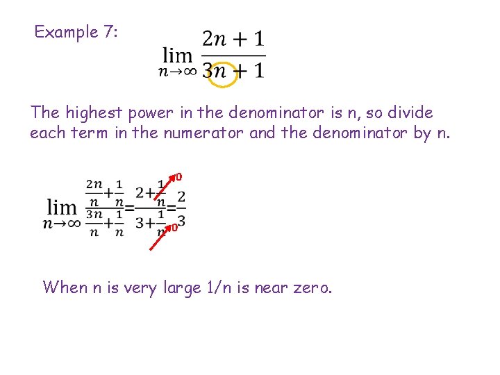 Example 7: The highest power in the denominator is n, so divide each term