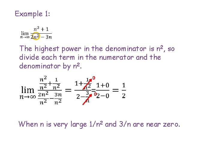 Example 1: The highest power in the denominator is n 2, so divide each