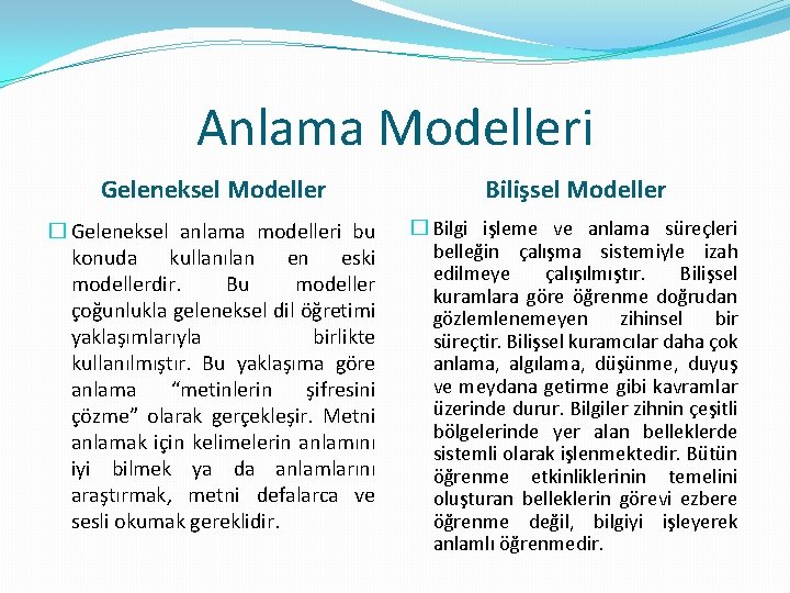 Anlama Modelleri Geleneksel Modeller Bilişsel Modeller � Geleneksel anlama modelleri bu konuda kullanılan en