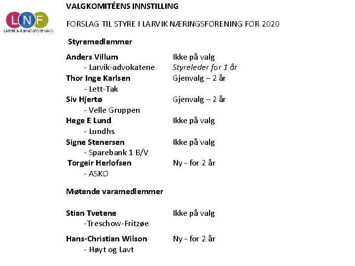 VALGKOMITÉENS INNSTILLING FORSLAG TIL STYRE I LARVIK NÆRINGSFORENING FOR 2020 Styremedlemmer Anders Villum -