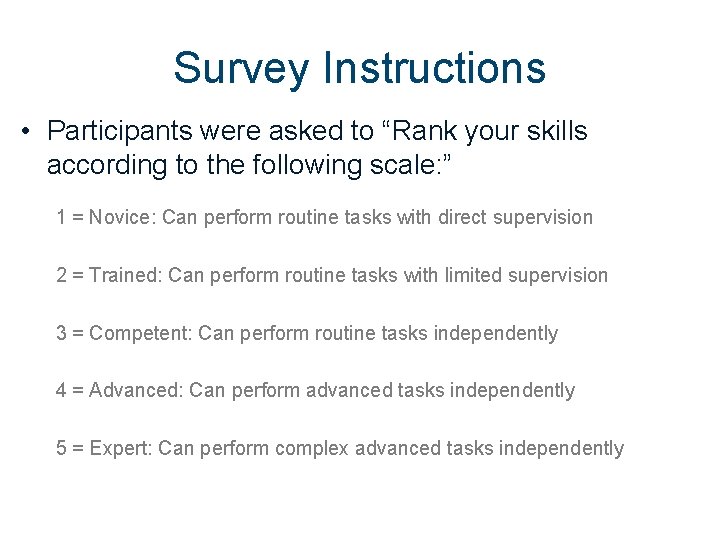 Survey Instructions • Participants were asked to “Rank your skills according to the following Survey Instructions • Participants were asked to “Rank your skills according to the following