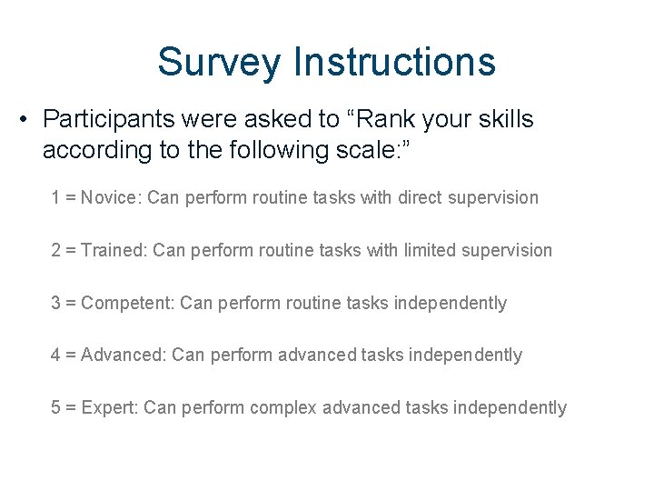 Survey Instructions • Participants were asked to “Rank your skills according to the following