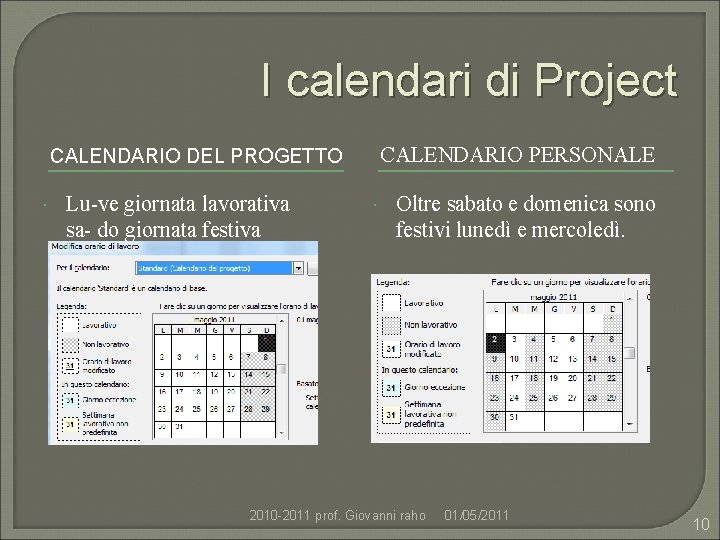 I calendari di Project CALENDARIO PERSONALE CALENDARIO DEL PROGETTO Lu-ve giornata lavorativa sa- do