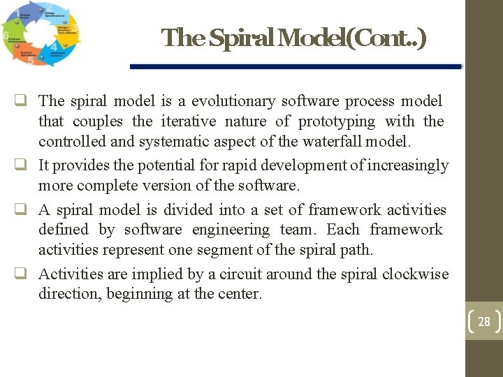 The Spiral Model(Cont. . ) The spiral model is a evolutionary software process model The Spiral Model(Cont. . ) The spiral model is a evolutionary software process model