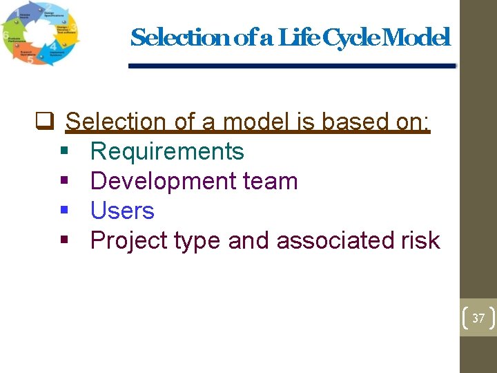 Selection of a Life Cycle. Model Selection of a model is based on: Requirements Selection of a Life Cycle. Model Selection of a model is based on: Requirements