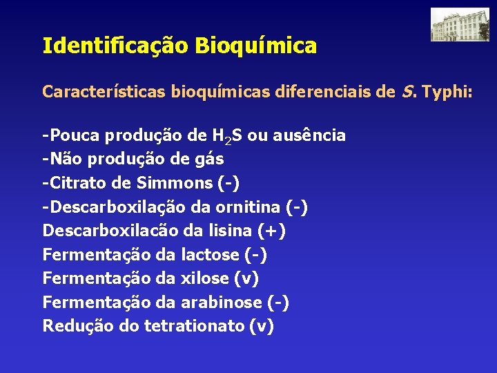 Identificação Bioquímica Características bioquímicas diferenciais de S. Typhi: -Pouca produção de H 2 S