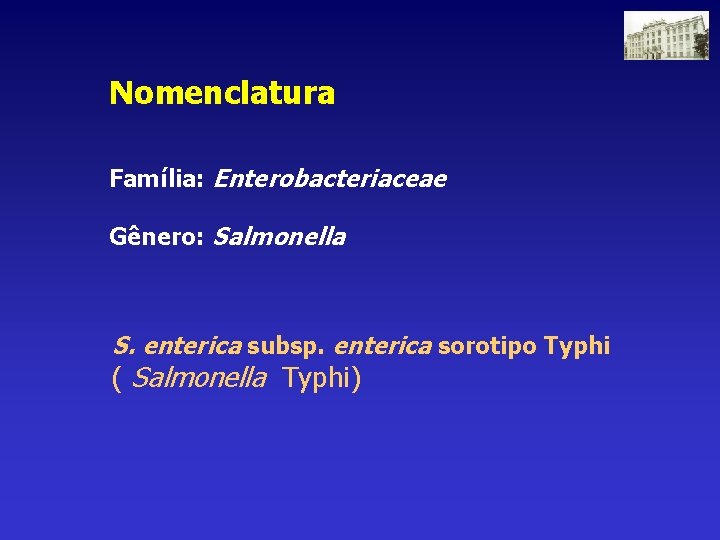 Nomenclatura Família: Enterobacteriaceae Gênero: Salmonella S. enterica subsp. enterica sorotipo Typhi ( Salmonella Typhi)