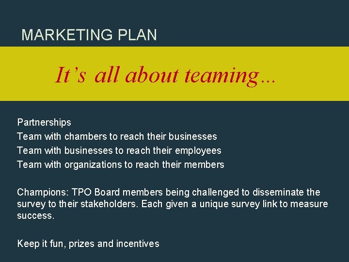 MARKETING PLAN It’s all about teaming… Partnerships Team with chambers to reach their businesses