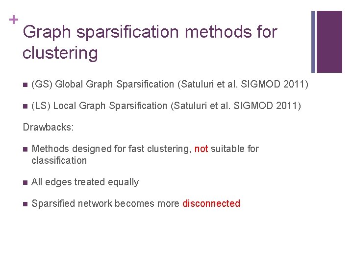 + Graph sparsification methods for clustering n (GS) Global Graph Sparsification (Satuluri et al.