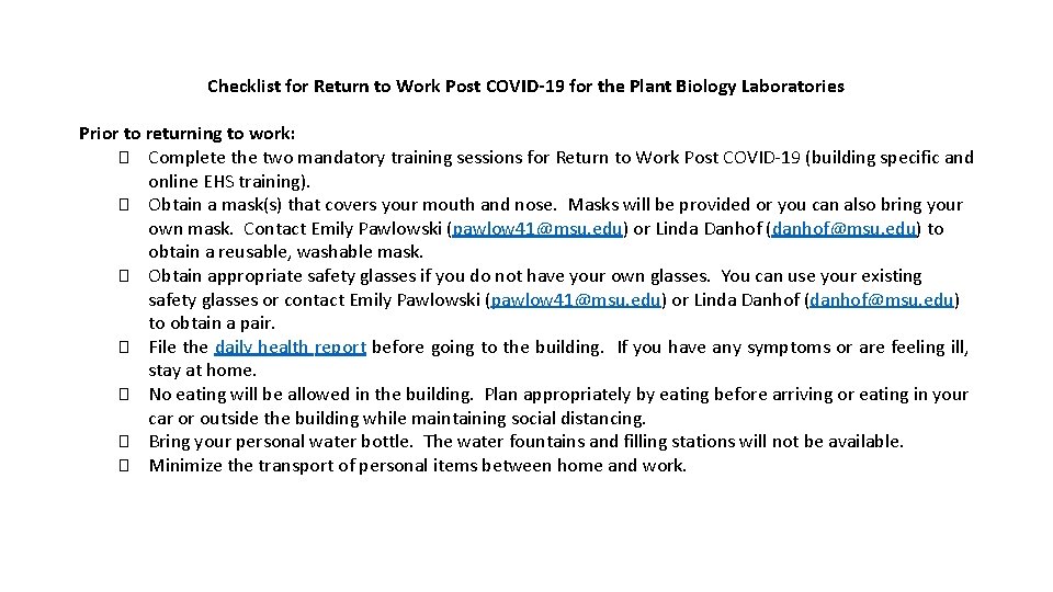 Checklist for Return to Work Post COVID-19 for the Plant Biology Laboratories Prior to