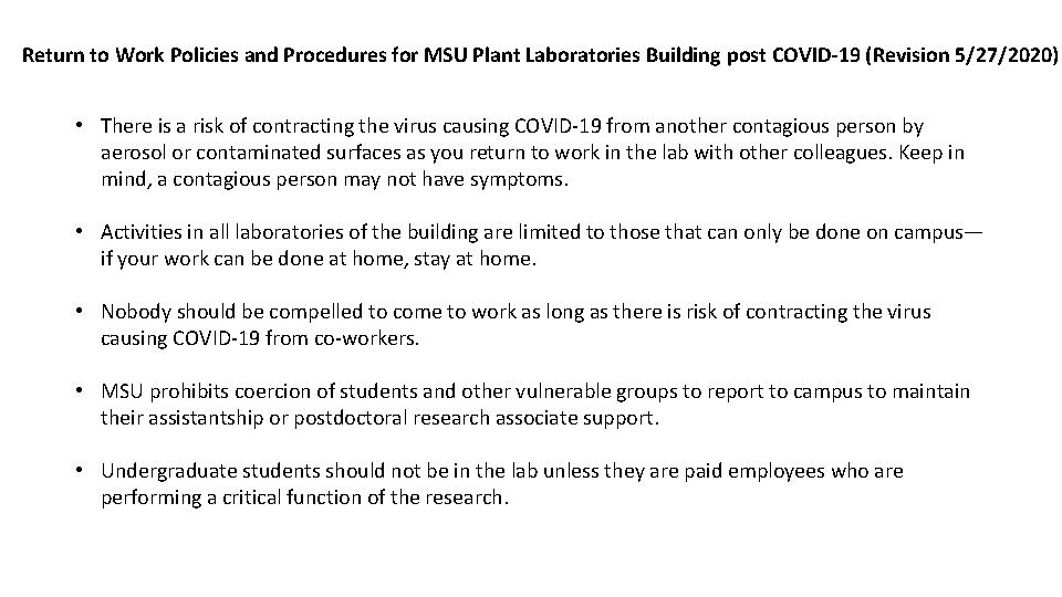 Return to Work Policies and Procedures for MSU Plant Laboratories Building post COVID-19 (Revision