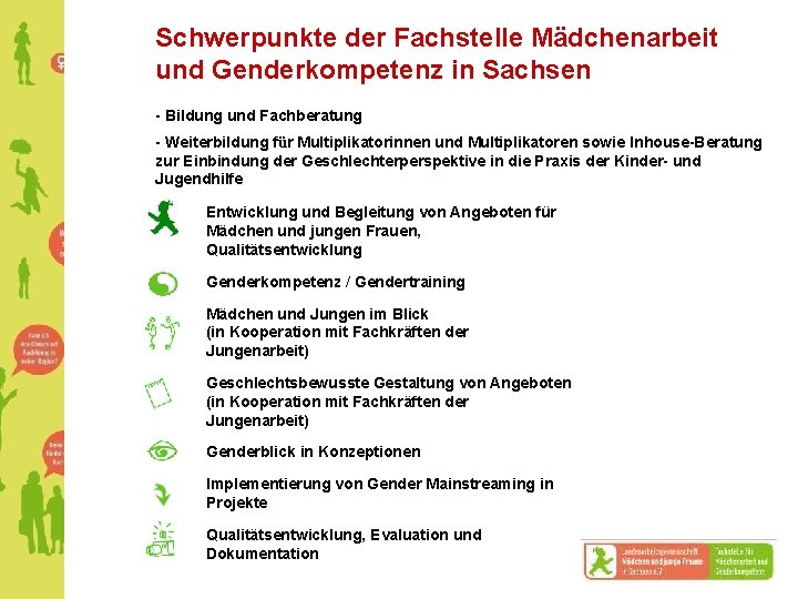 Schwerpunkte der Fachstelle Mädchenarbeit und Genderkompetenz in Sachsen - Bildung und Fachberatung - Weiterbildung