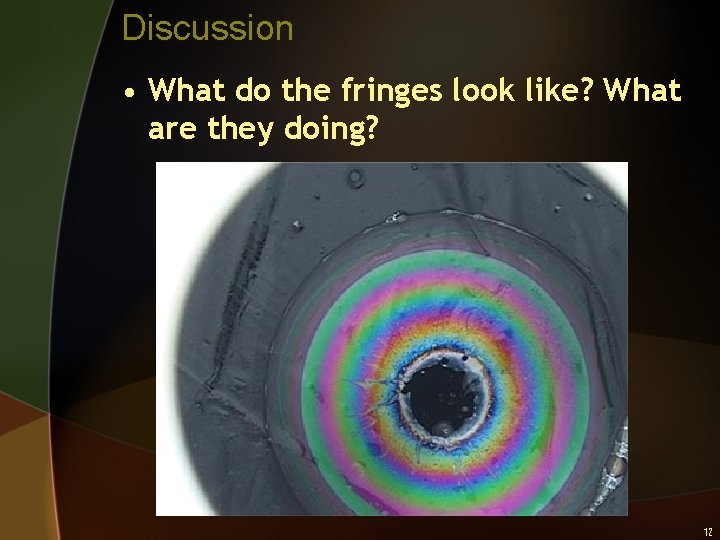 Discussion • What do the fringes look like? What are they doing? 12 