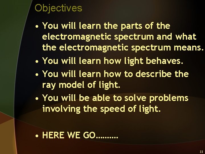 Objectives • You will learn the parts of the electromagnetic spectrum and what the