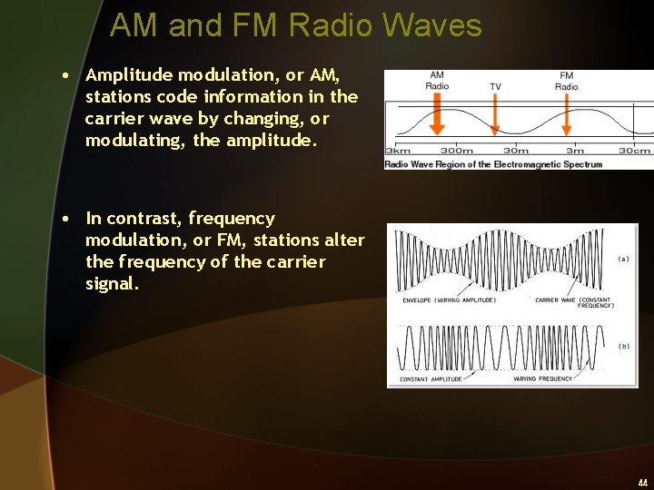 AM and FM Radio Waves • Amplitude modulation, or AM, stations code information in
