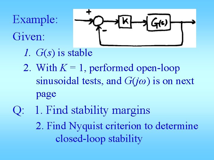 Example: Given: 1. G(s) is stable 2. With K = 1, performed open-loop sinusoidal