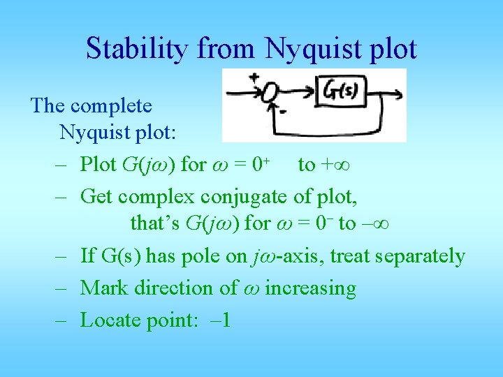 Stability from Nyquist plot The complete Nyquist plot: – Plot G(jω) for ω =