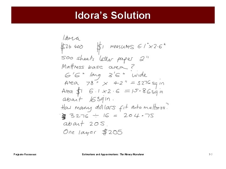 Idora’s Solution Projector Resources Estimations and Approximations: The Money Munchers P-5 