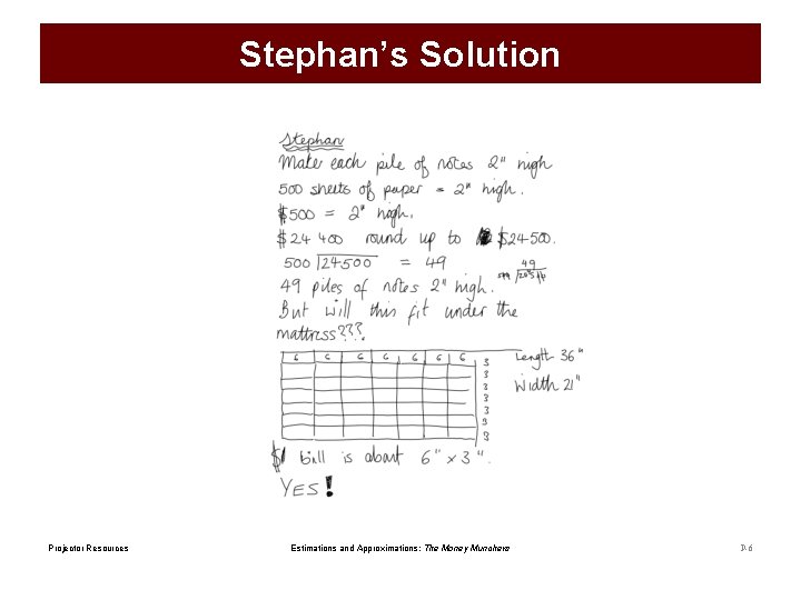 Stephan’s Solution Projector Resources Estimations and Approximations: The Money Munchers P-6 