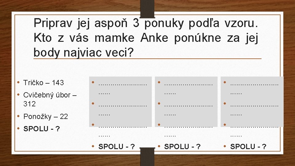 Priprav jej aspoň 3 ponuky podľa vzoru. Kto z vás mamke Anke ponúkne za