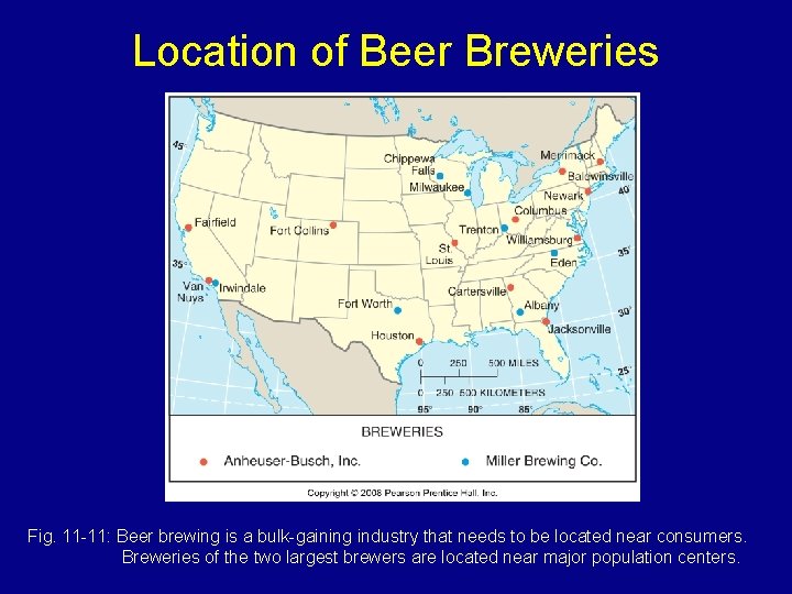 Location of Beer Breweries Fig. 11 -11: Beer brewing is a bulk-gaining industry that