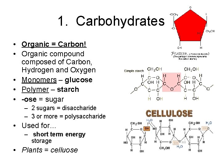 1. Carbohydrates • Organic = Carbon! • Organic compound composed of Carbon, Hydrogen and