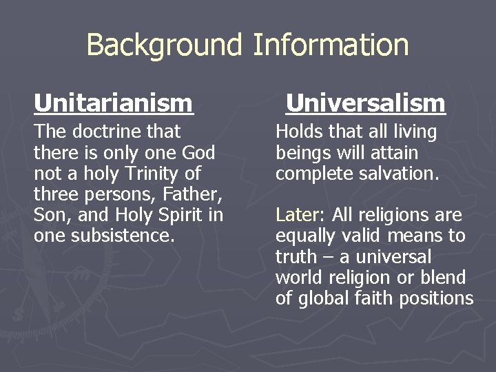 Background Information Unitarianism The doctrine that there is only one God not a holy