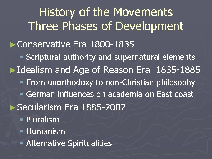 History of the Movements Three Phases of Development ► Conservative Era 1800 -1835 §