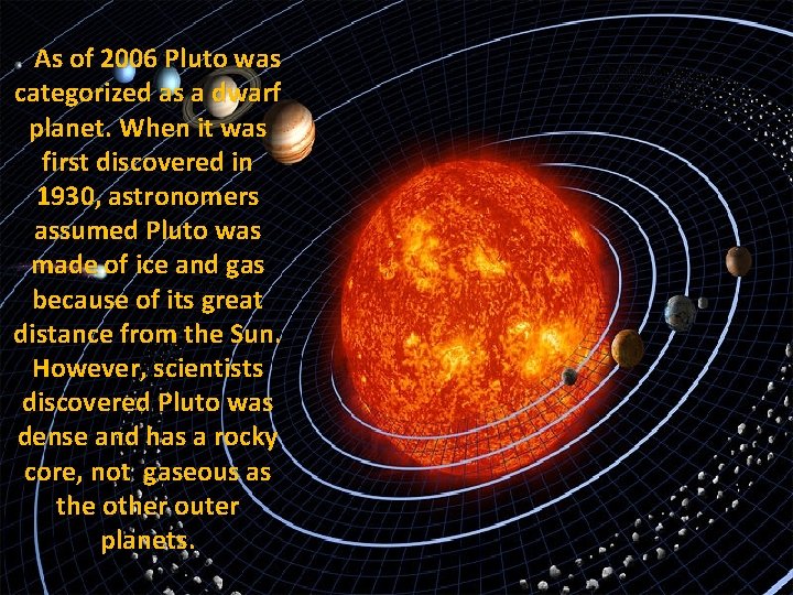 As of 2006 Pluto was categorized as a dwarf planet. When it was first