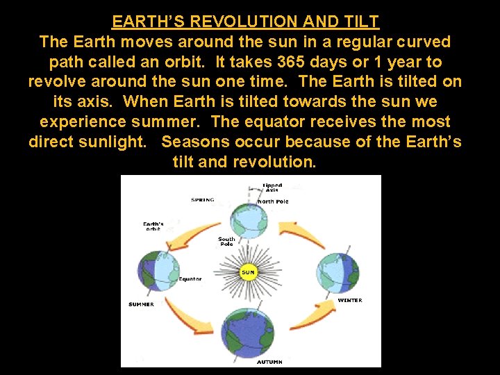 EARTH’S REVOLUTION AND TILT The Earth moves around the sun in a regular curved